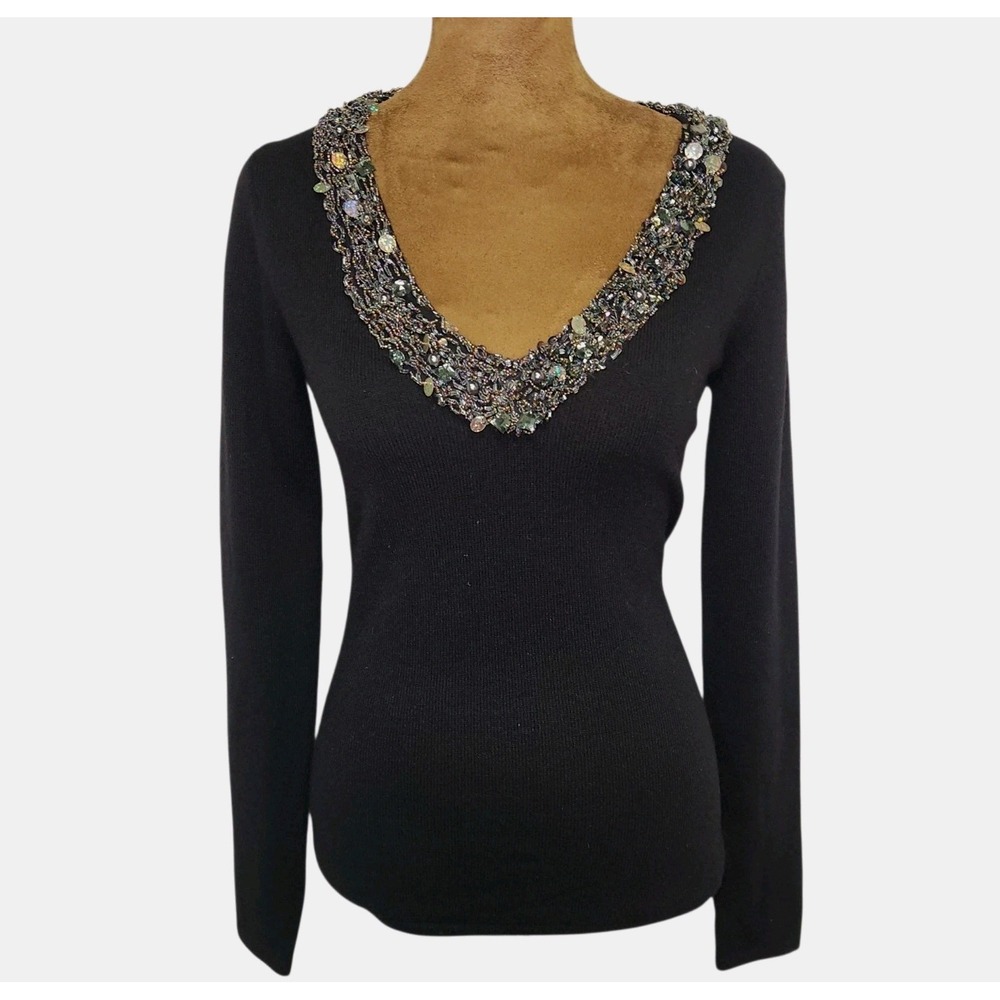 100% Cashmere Sequin V-Neck Sweater S Black Embellished Vintage Knit Glam